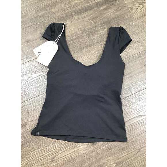 Blogilates Sweetheart Baby Tee Cap Sleeve Ruched Front Open Back Jet Black S - Picture 2 of 7